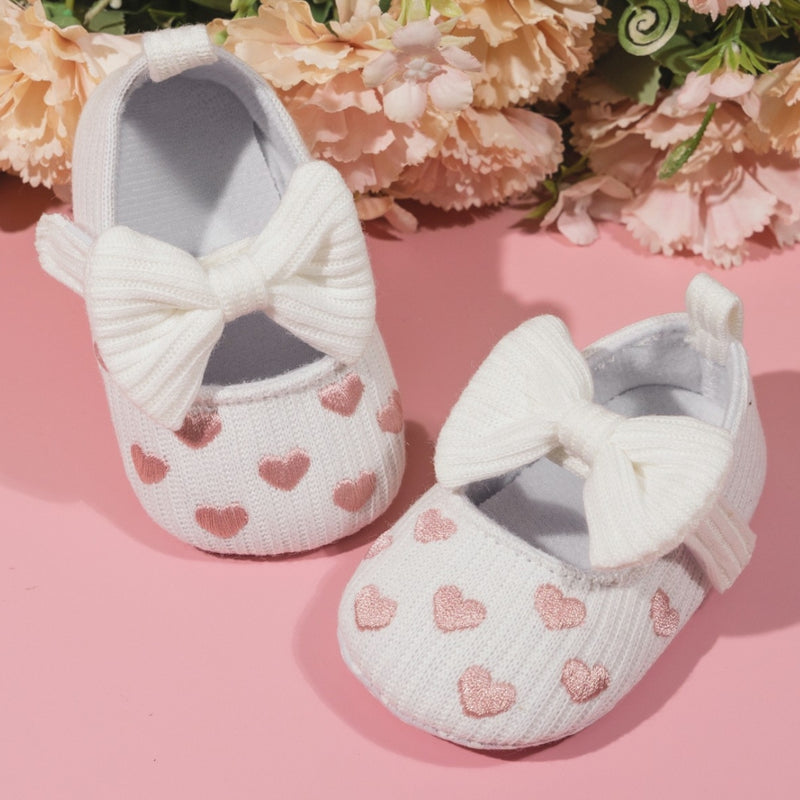 Baby Unisex Bow Polka Heart Slip on Booties (White,Pink)-BT5095