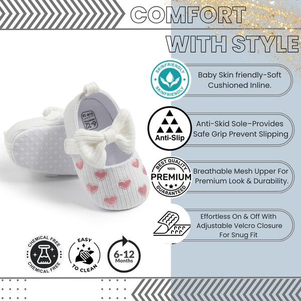 Baby Unisex Bow Polka Heart Slip on Booties (White,Pink)-BT5095