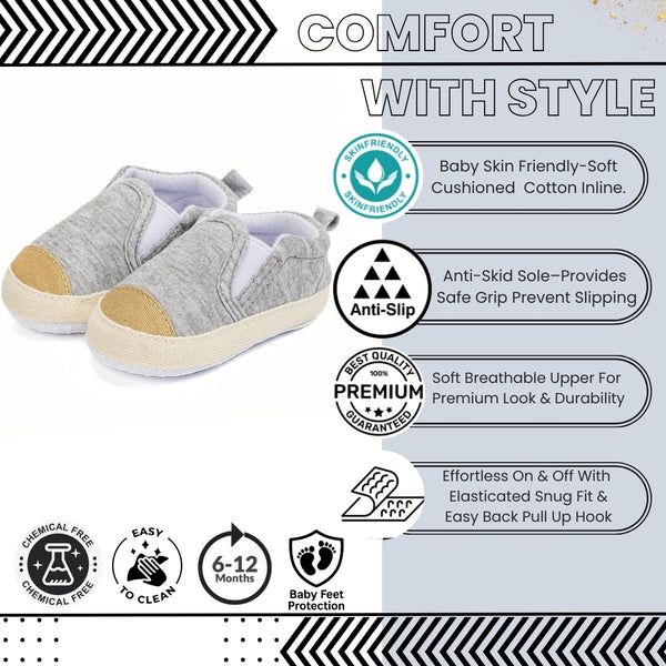 Baby Unisex Cotton Slip on Loafer Booties (Grey,Gold)-BT5116