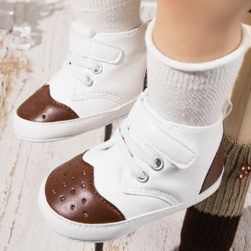 Baby Unisex Synthetic Colorblock Velcro Booties (White,Brown)-BT5117