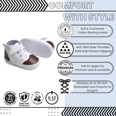 Baby Unisex Synthetic Colorblock Velcro Booties (White,Brown)-BT5117
