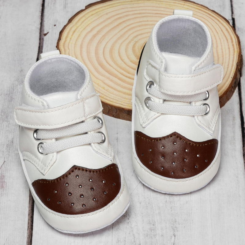 Baby Unisex Synthetic Colorblock Velcro Booties (White,Brown)-BT5117