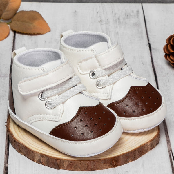Baby Unisex Synthetic Colorblock Velcro Booties (White,Brown)-BT5117