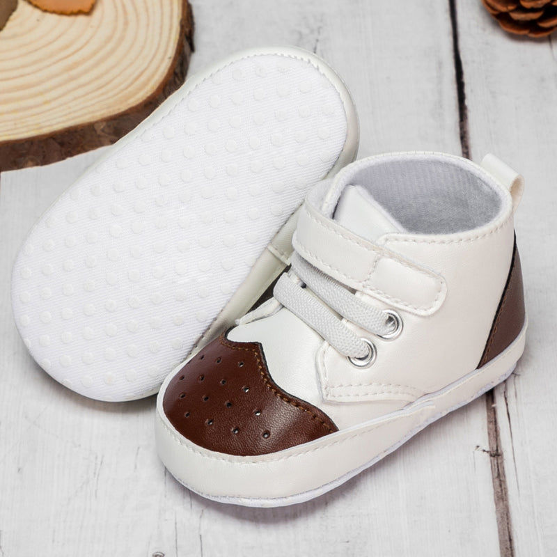 Baby Unisex Synthetic Colorblock Velcro Booties (White,Brown)-BT5117