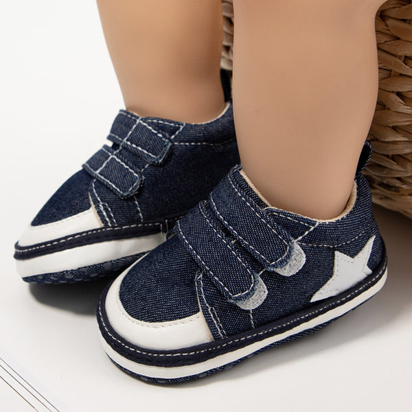 Baby Unisex Double Velcro Cotton Denim Sneaker Booties (Blue)-BT5123