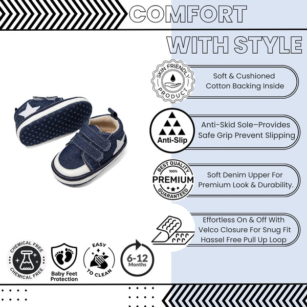 Baby Unisex Double Velcro Cotton Denim Sneaker Booties (Blue)-BT5123
