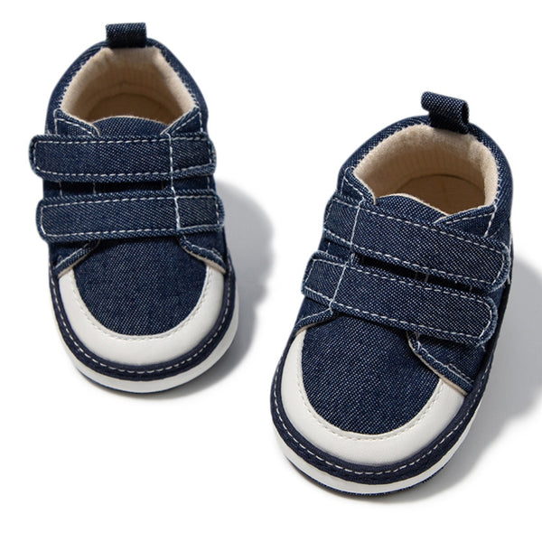 Baby Unisex Double Velcro Cotton Denim Sneaker Booties (Blue)-BT5123
