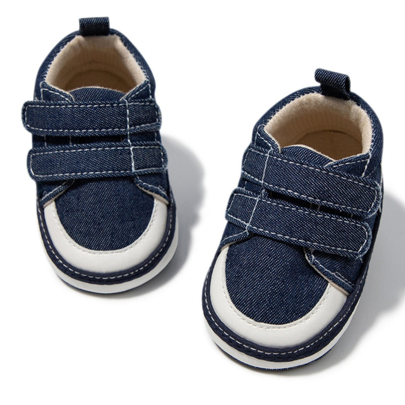Baby Unisex Double Velcro Cotton Denim Sneaker Booties (Blue)-BT5123