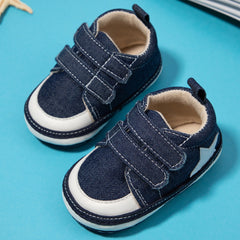Baby Unisex Double Velcro Cotton Denim Sneaker Booties (Blue)-BT5123