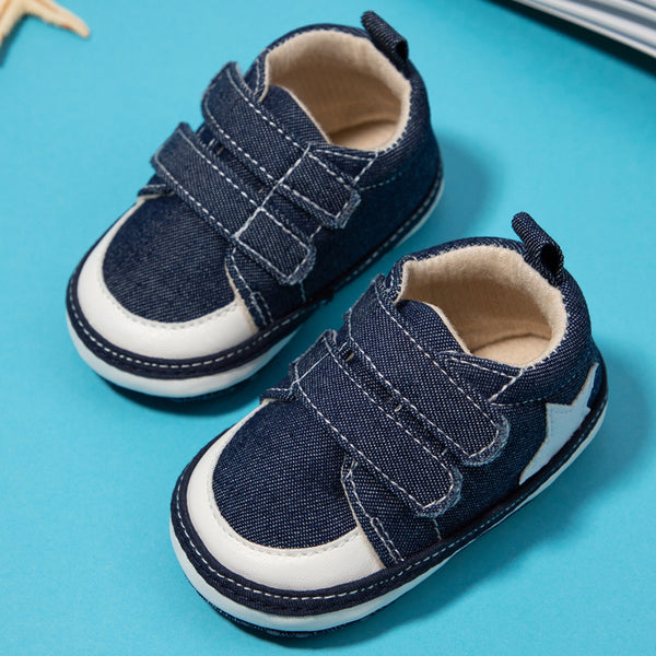 Baby Unisex Double Velcro Cotton Denim Sneaker Booties (Blue)-BT5123