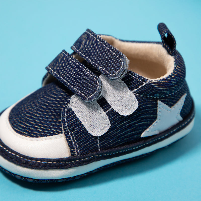 Baby Unisex Double Velcro Cotton Denim Sneaker Booties (Blue)-BT5123