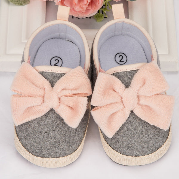 Baby Girls Bow Cotton Loafer Booties (Grey,Pink)-BT5124