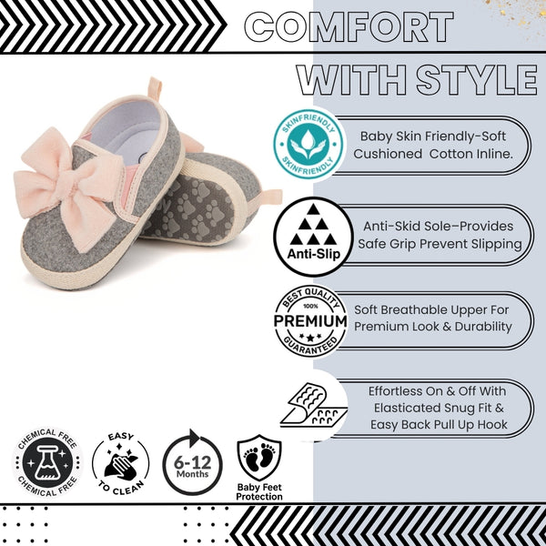 Baby Girls Bow Cotton Loafer Booties (Grey,Pink)-BT5124