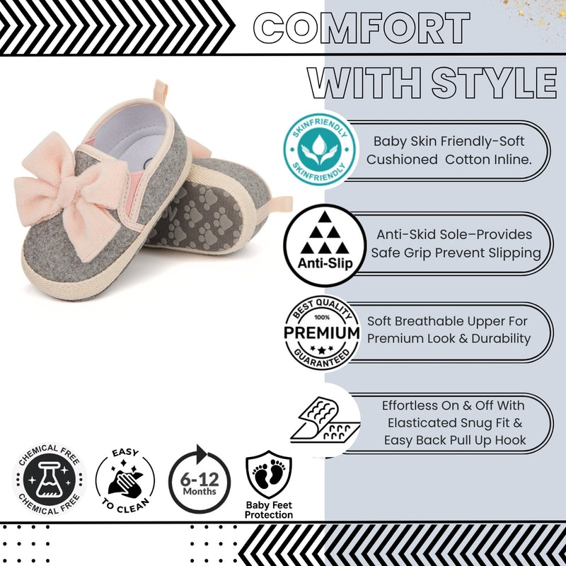 Baby Girls Bow Cotton Loafer Booties (Grey,Pink)-BT5124