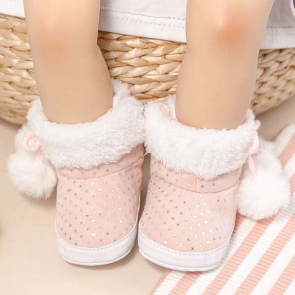 Baby Unisex Cotton Fur Polka Dot Velcro Booties (Baby Pink,White)-BT5128