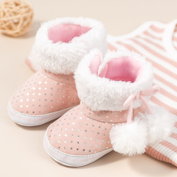 Baby Unisex Cotton Fur Polka Dot Velcro Booties (Baby Pink,White)-BT5128