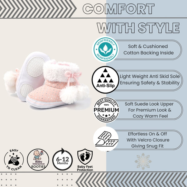 Baby Unisex Cotton Fur Polka Dot Velcro Booties (Baby Pink,White)-BT5128