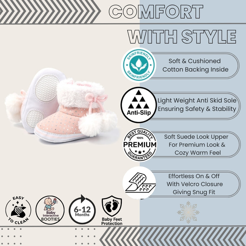 Baby Unisex Cotton Fur Polka Dot Velcro Booties (Baby Pink,White)-BT5128