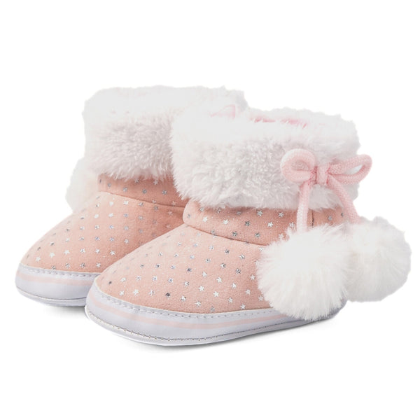 Baby Unisex Cotton Fur Polka Dot Velcro Booties (Baby Pink,White)-BT5128