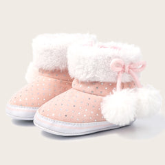Baby Unisex Cotton Fur Polka Dot Velcro Booties (Baby Pink,White)-BT5128