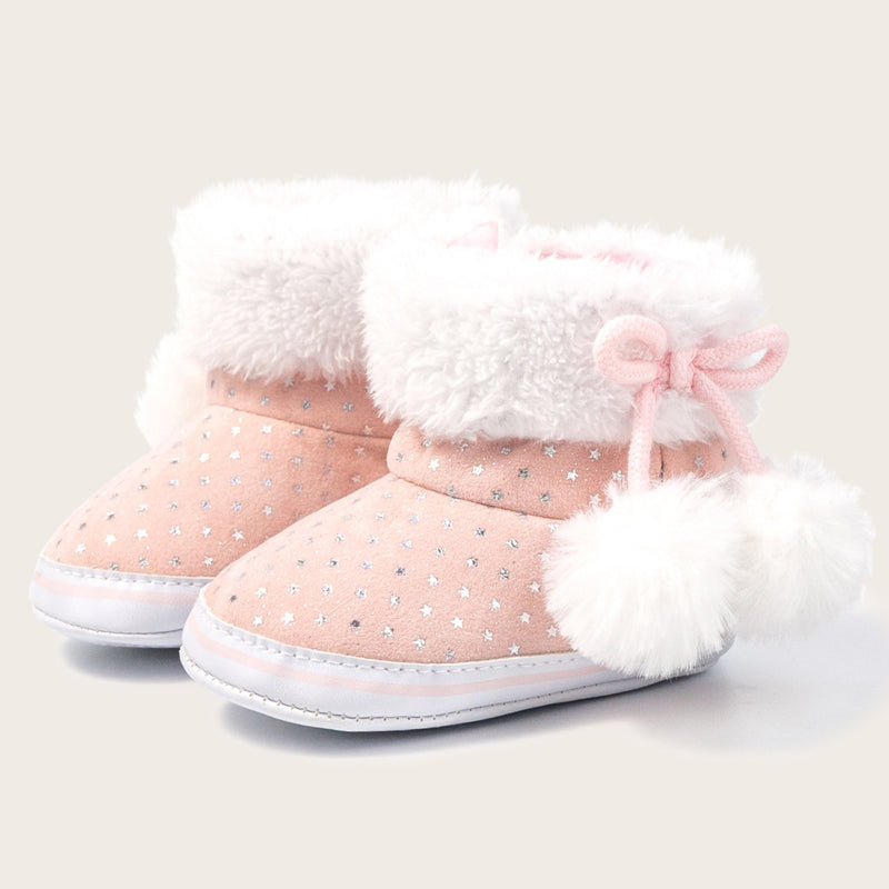 Baby Unisex Cotton Fur Polka Dot Velcro Booties (Baby Pink,White)-BT5128
