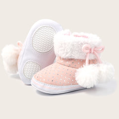Baby Unisex Cotton Fur Polka Dot Velcro Booties (Baby Pink,White)-BT5128