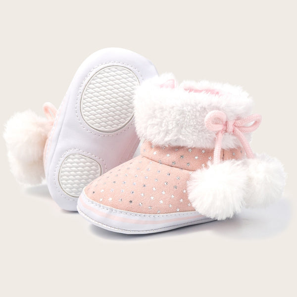 Baby Unisex Cotton Fur Polka Dot Velcro Booties (Baby Pink,White)-BT5128
