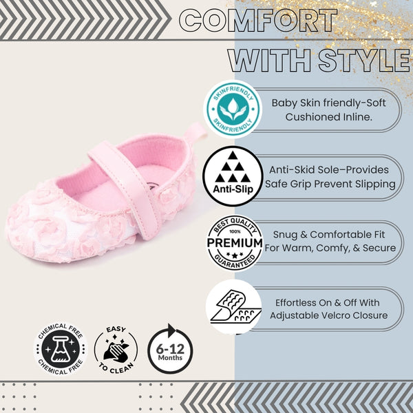 Baby Unisex Net Floral Velcro Booties (Baby Pink)-BT5129