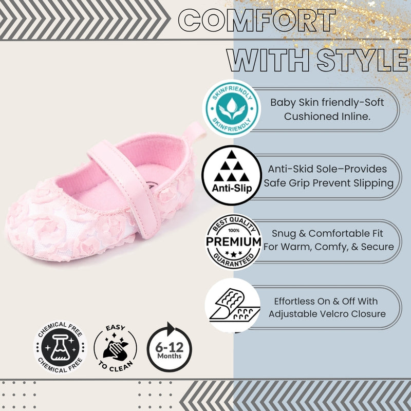 Baby Unisex Net Floral Velcro Booties (Baby Pink)-BT5129