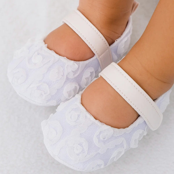 Baby Unisex Net Floral Velcro Booties (White)-BT5130