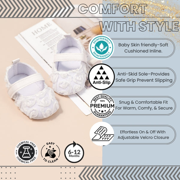 Baby Unisex Net Floral Velcro Booties (White)-BT5130