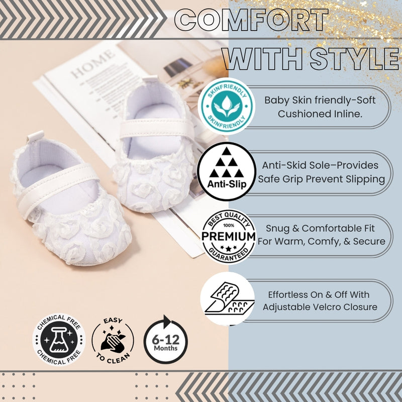 Baby Unisex Net Floral Velcro Booties (White)-BT5130