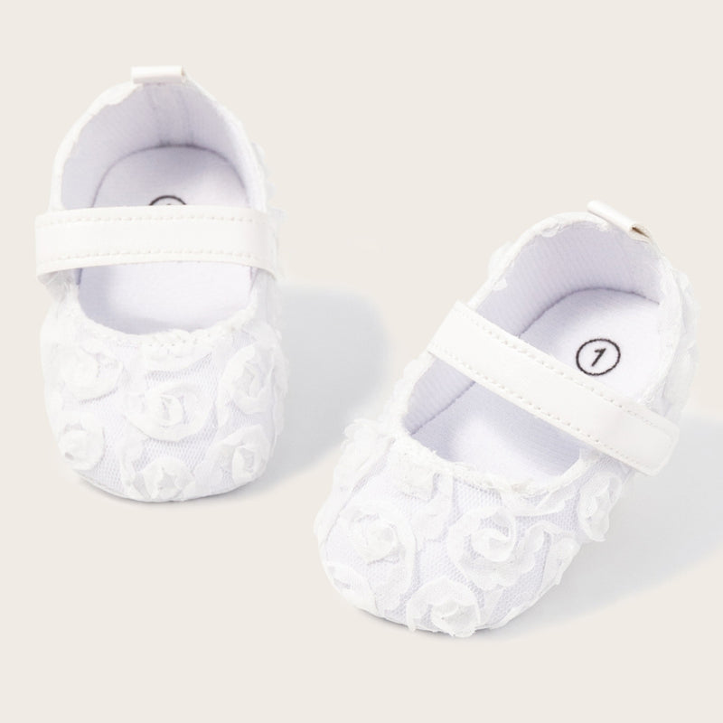 Baby Unisex Net Floral Velcro Booties (White)-BT5130