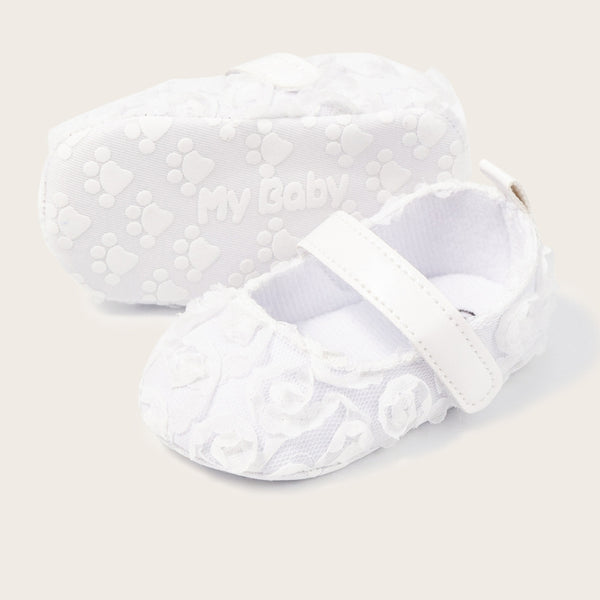 Baby Unisex Net Floral Velcro Booties (White)-BT5130