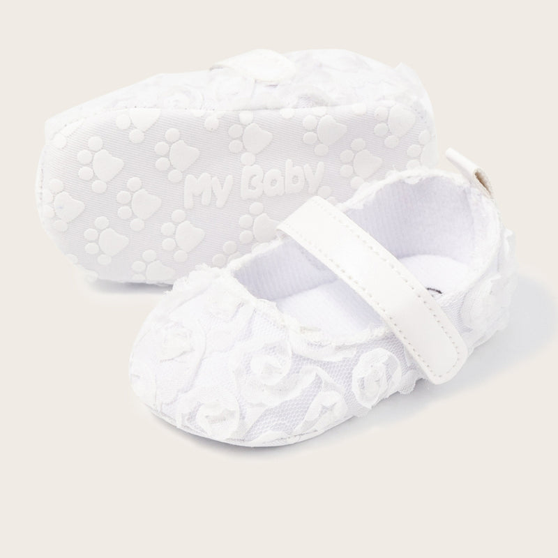 Baby Unisex Net Floral Velcro Booties (White)-BT5130