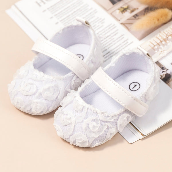 Baby Unisex Net Floral Velcro Booties (White)-BT5130