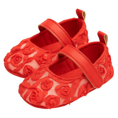 Baby Unisex Net Floral Velcro Booties (Red)-BT5131