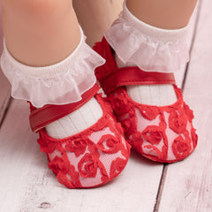 Baby Unisex Net Floral Velcro Booties (Red)-BT5131