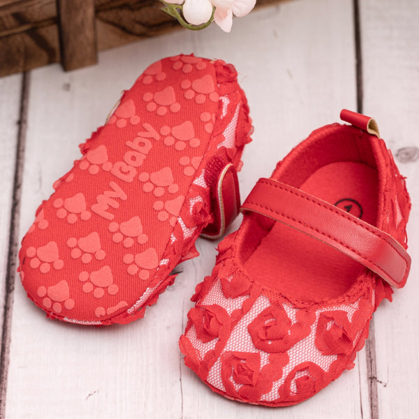 Baby Unisex Net Floral Velcro Booties (Red)-BT5131