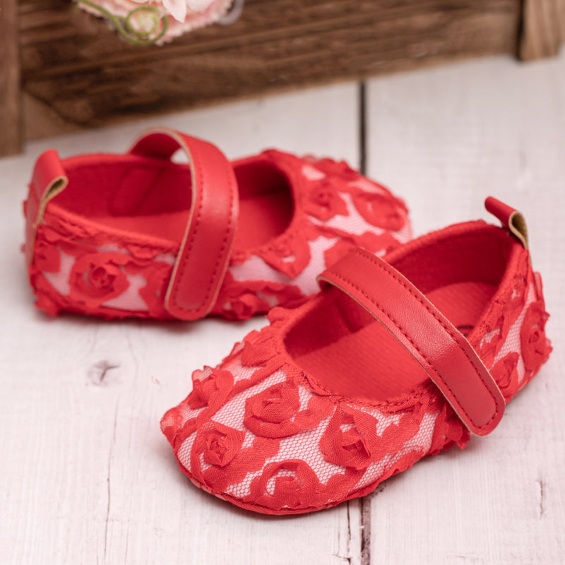 Baby Unisex Net Floral Velcro Booties (Red)-BT5131