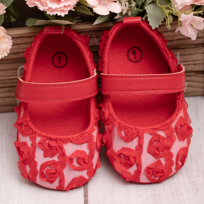 Baby Unisex Net Floral Velcro Booties (Red)-BT5131