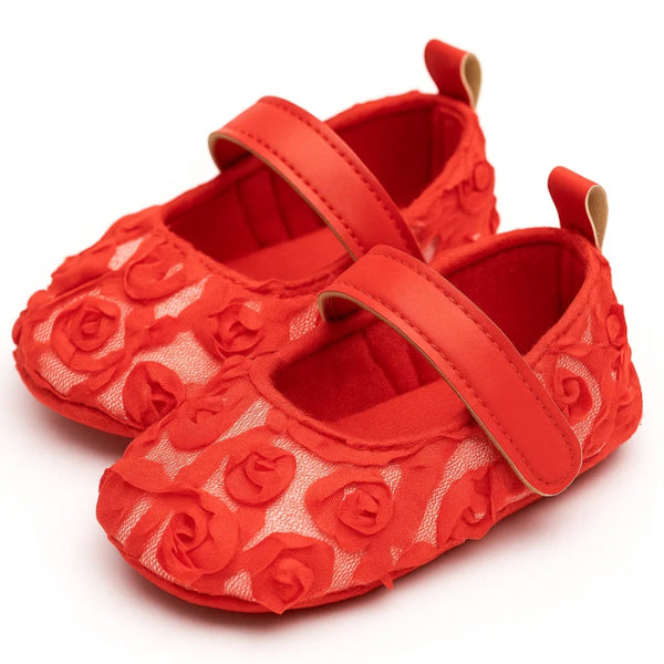 Baby Unisex Net Floral Velcro Booties (Red)-BT5131