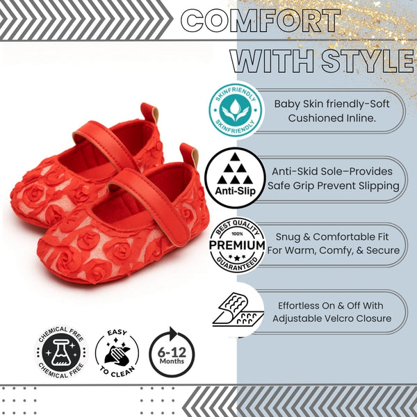 Baby Unisex Net Floral Velcro Booties (Red)-BT5131