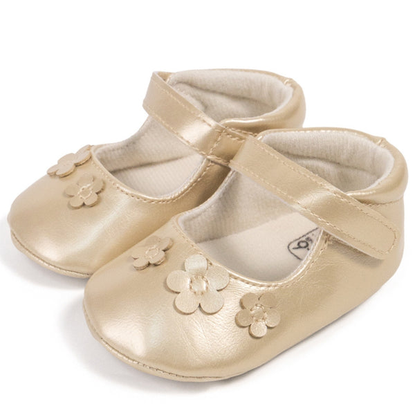 Baby Girls Anti-Skid Partywear Floral Velcro Belly Booties (Gold)-BT5142