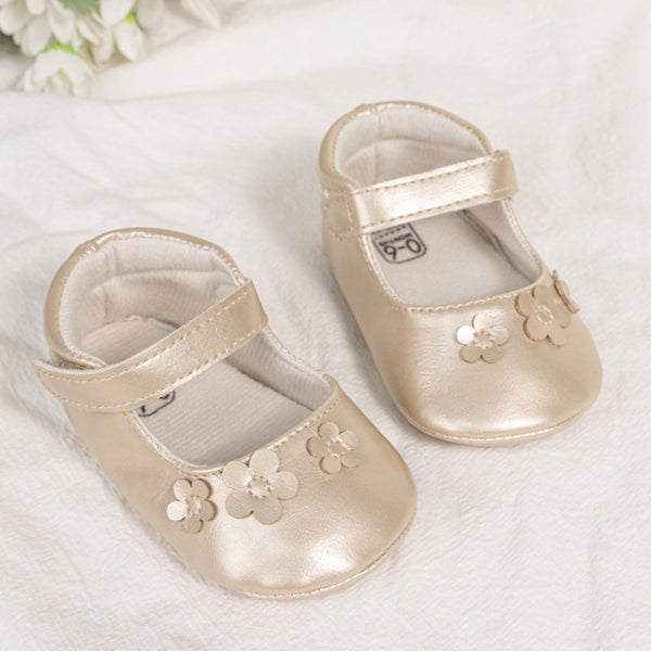 Baby Girls Anti-Skid Partywear Floral Velcro Belly Booties (Gold)-BT5142