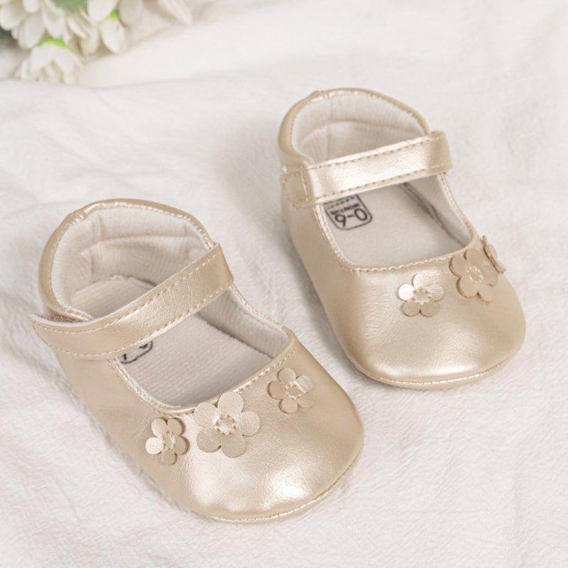 Baby Girls Anti-Skid Partywear Floral Velcro Belly Booties (Gold)-BT5142