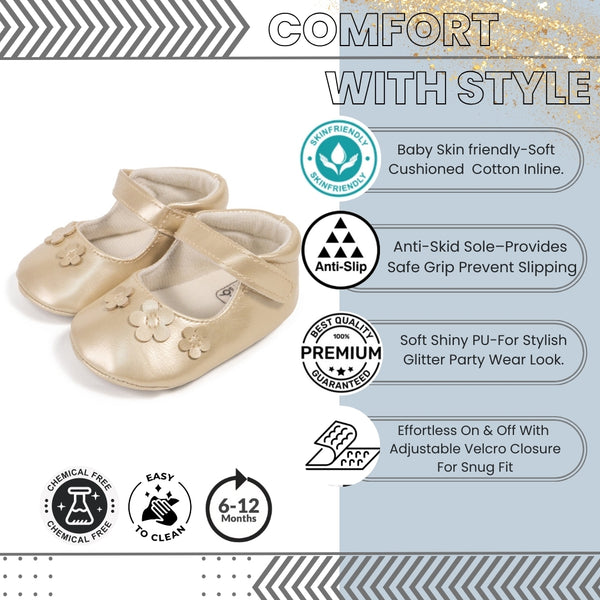 Baby Girls Anti-Skid Partywear Floral Velcro Belly Booties (Gold)-BT5142