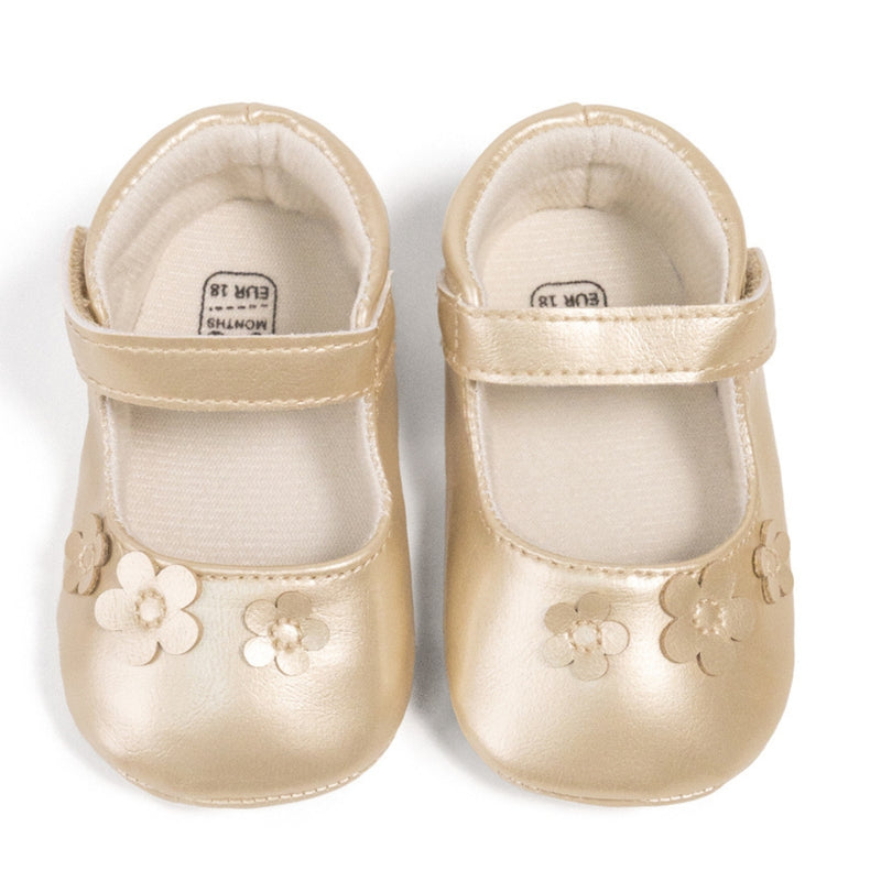 Baby Girls Anti-Skid Partywear Floral Velcro Belly Booties (Gold)-BT5142
