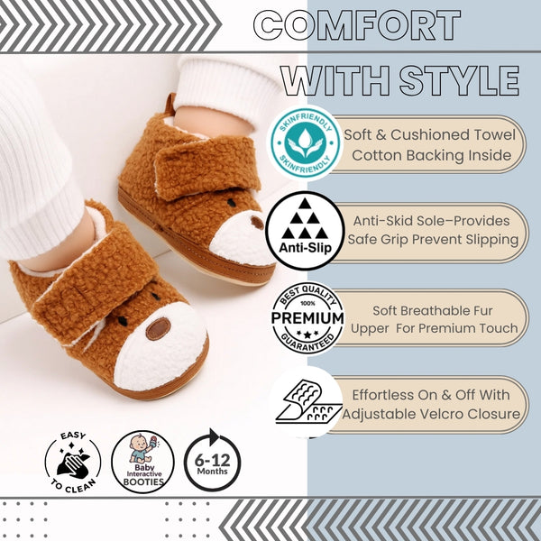 Baby Unisex Fur Animal Print Velcro Booties (Brown)-BT5148
