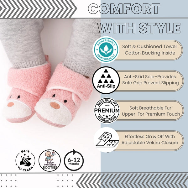 Baby Unisex Fur Animal Print Velcro Booties (Baby Pink)-BT5149